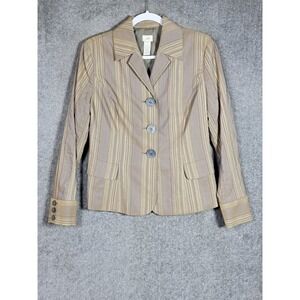 J Jill Three Button Blazer Womens Size‎ 6 Brown Blue Green Striped Pockets Lined